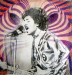 13.06.2011 - Roswitha Geisler - "Jimi Hendrix - Hush" - wasservermalte Pastellstifte, Graphit und Tinte auf Bütten von Hahnemühle 30 x 21 cm, Größe der Zeichnung ca. 15 x 15 cm